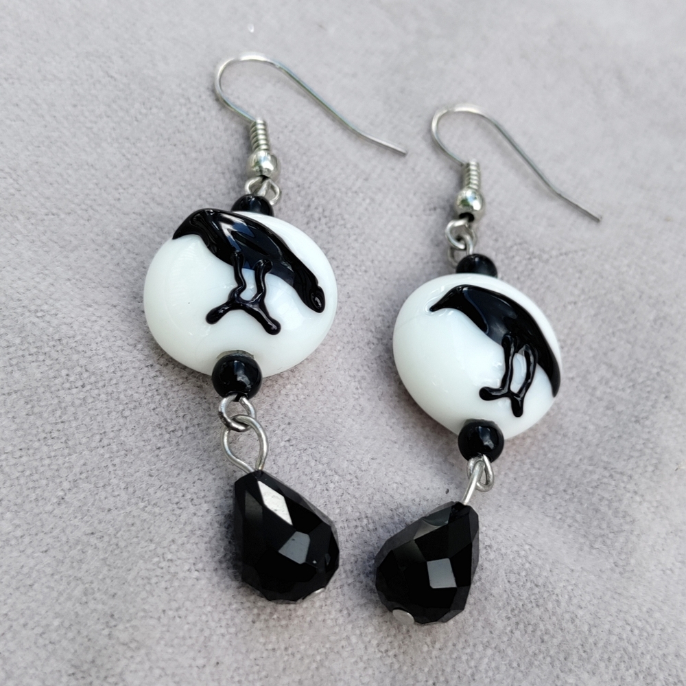 Black and White Raven Halloween Glass Earrings